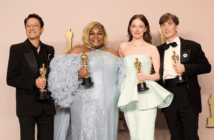 Oscar Winners Robert Downey Jr., Cillian Murphy, Da’vine Joy Randolph and Emma Stone Return to the 2025 Oscars Stage. Photo Courtesy: Academy of Motion Picture Arts and Sciences